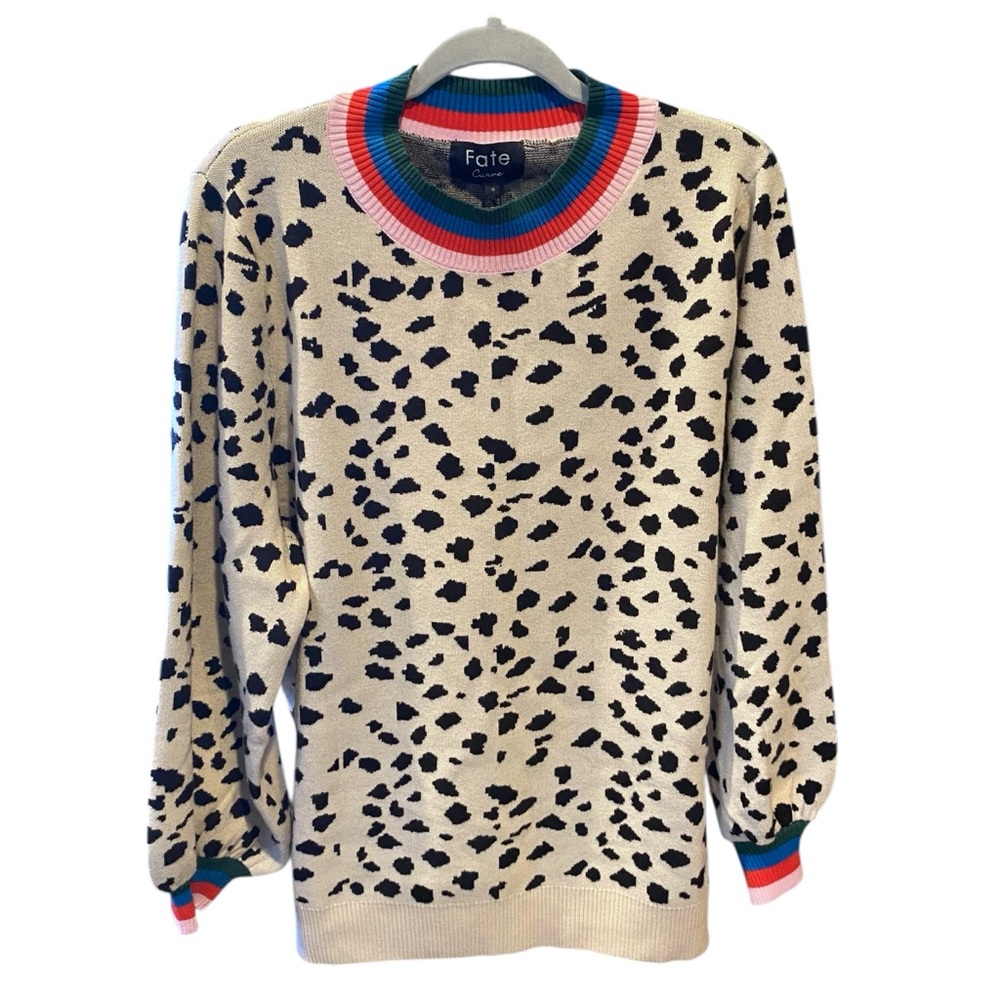FATE Curve Womens Leopard Dalmatian Print Sweater Colorful Stripe Trim Size 1X